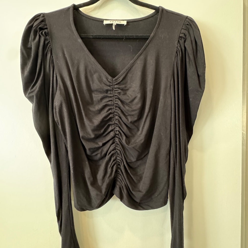 FRAME Noir Ruched Puff Sleeve Balletcore Crop Top Size M